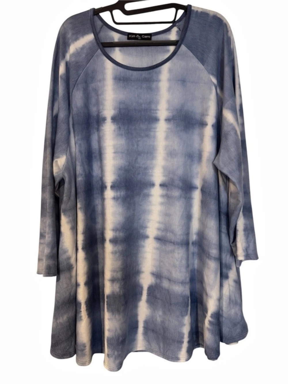 Kim & Cami Tie Dye Tunic Top Blue White Long Sleeve Scoop Neck Flowy Sz 3X